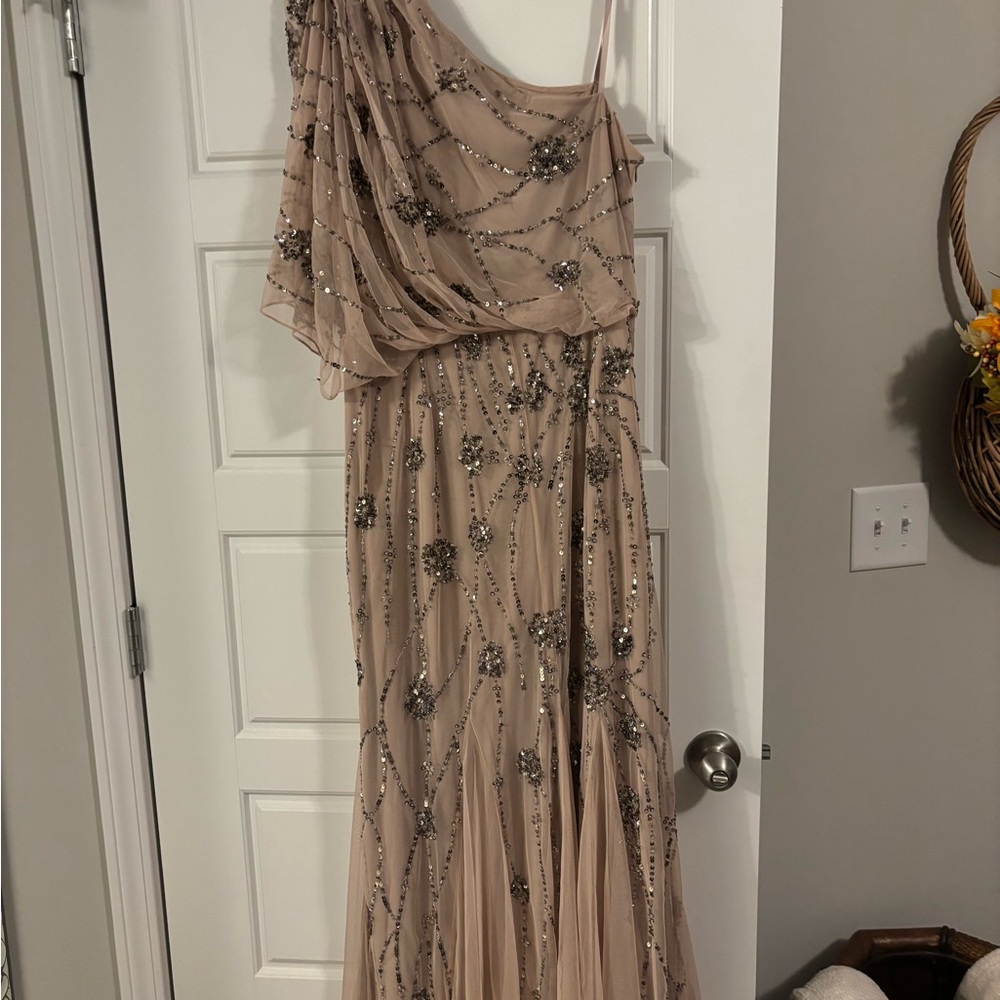 Glamorous One-Shoulder Beaded Dress in Beige